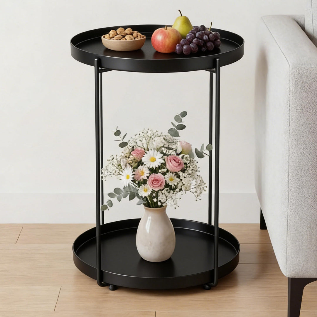 Mai & Mai Beistelltisch rund Ø35×H51 cm, Couchtisch klein aus Metall mit 2 abnehmbaren Tabletts aus