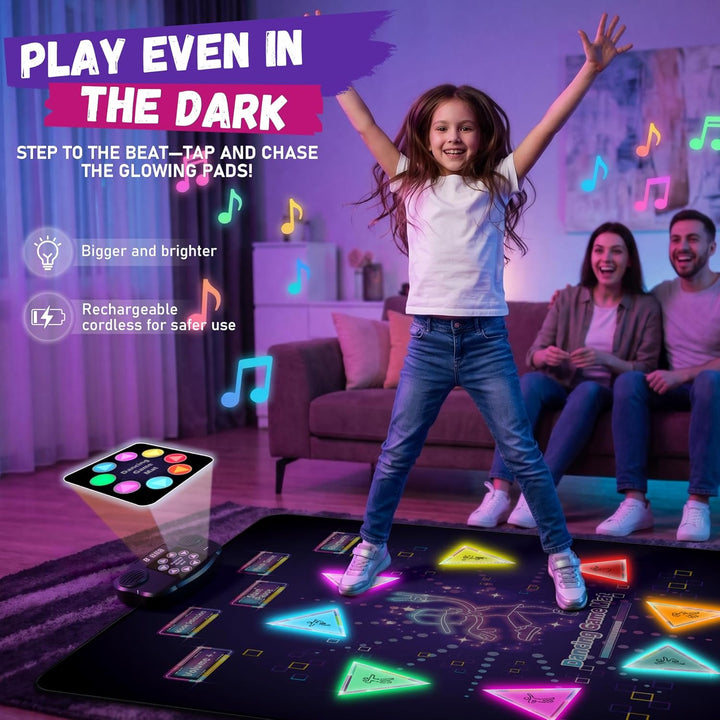YESHIN Tanzmatte Kinder mit 8 farbigen Lichtern, Wiederaufladbare Musikmatte mit Bluetooth, 6 Spielm