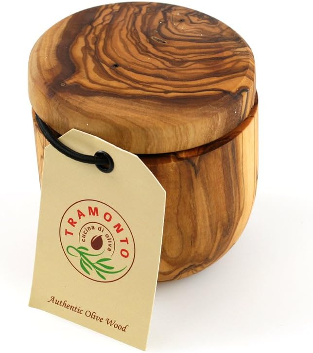 Tramanto Olive Wood Salt Box and Pot, Holds Salt for Easy Pinch, Classic Wood Design by Thirteen Che