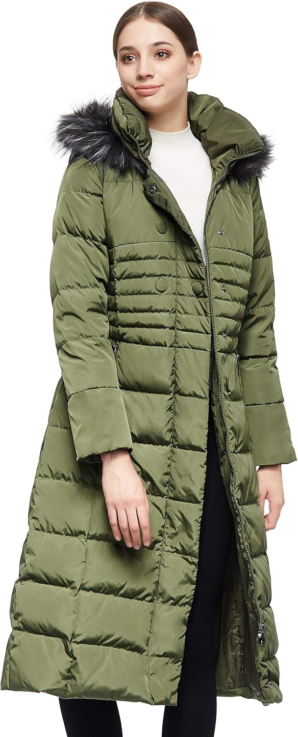 Orolay Damen Daunenmantel Lang Warm Winterjacke mit Kapuze Kunstpelz S Armeegrün, S Armeegrün