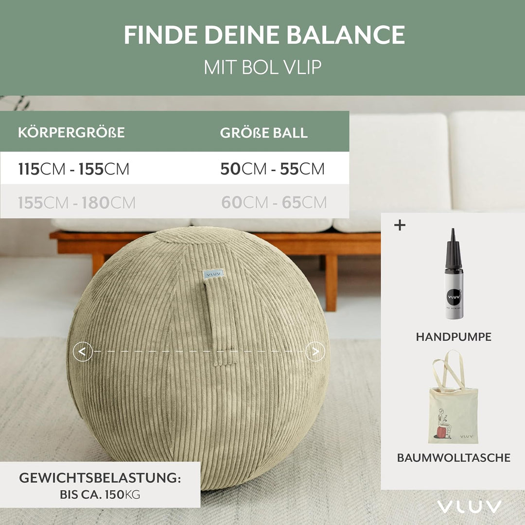 VLUV® BOL VLIP Sitzball Büro Ergonomisch [Atmungsaktiv mit Tragegriff und Wegrollschutz] Waschbarer