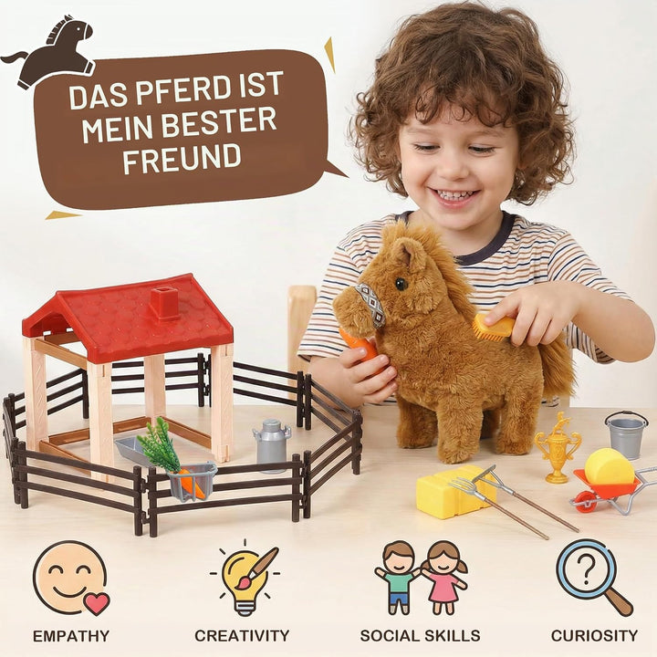 Tacobear Interaktives Pferd Spielzeug für Kinder, Kuscheltier Pferd der Läuft mit Stall &amp; Zaun, Elek