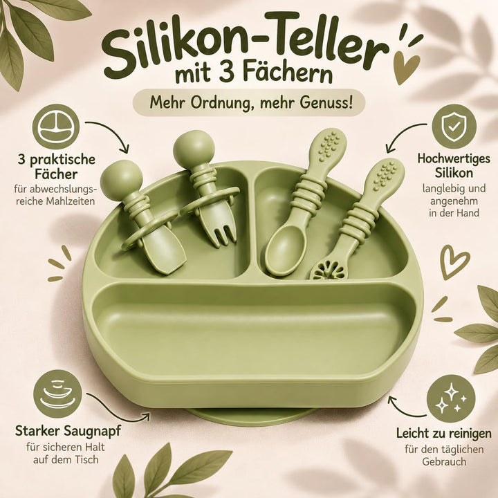 Baby Geschirr Set aus Silikon mit Saugnapf Salbeigrün, Salbeigrün
