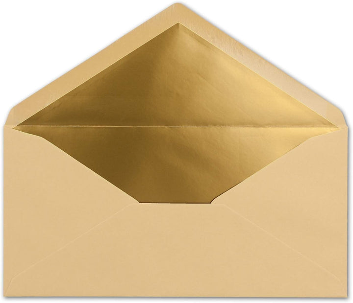 75 Brief-Umschläge DIN Lang - Karamell mit Gold-Metallic Innen-Futter - 110 x 220 mm - Nassklebung -