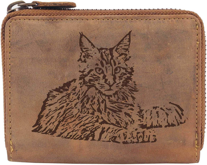 Greenburry Damen Geldbörse Braun 13x10x3cm mit Motiv Einer Maine Coon Katze, Maine Coon