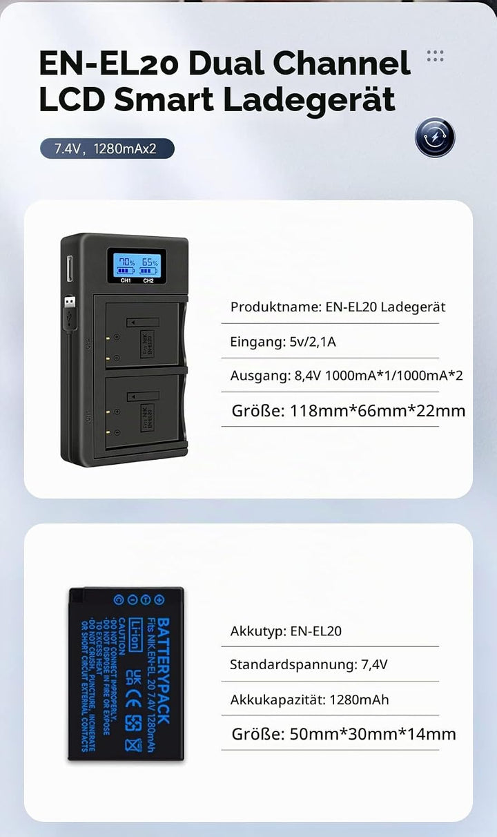 2 Stück EN-EL20 EN-EL20a Akkus und Smart LCD Display Dual USB Ladegerät für Nikon Coolpix P950, P100