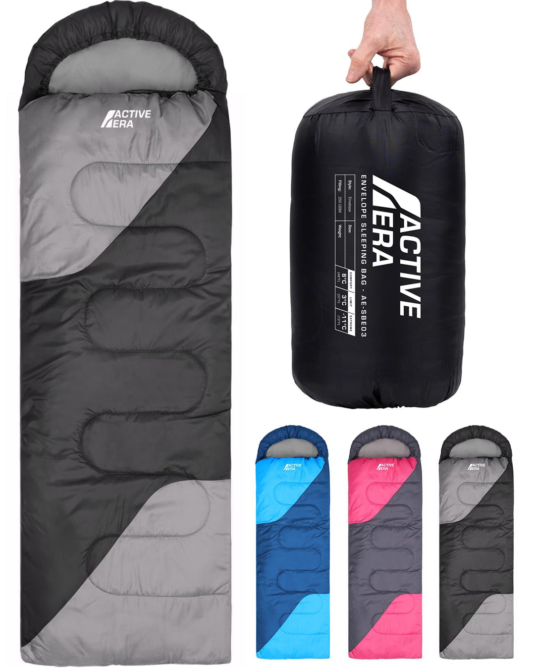Active Era Premium Mumienschlafsack 250 GSM, Schlafsack Winter & Sommer, 0°C bis 15°C, Indoor und Ou
