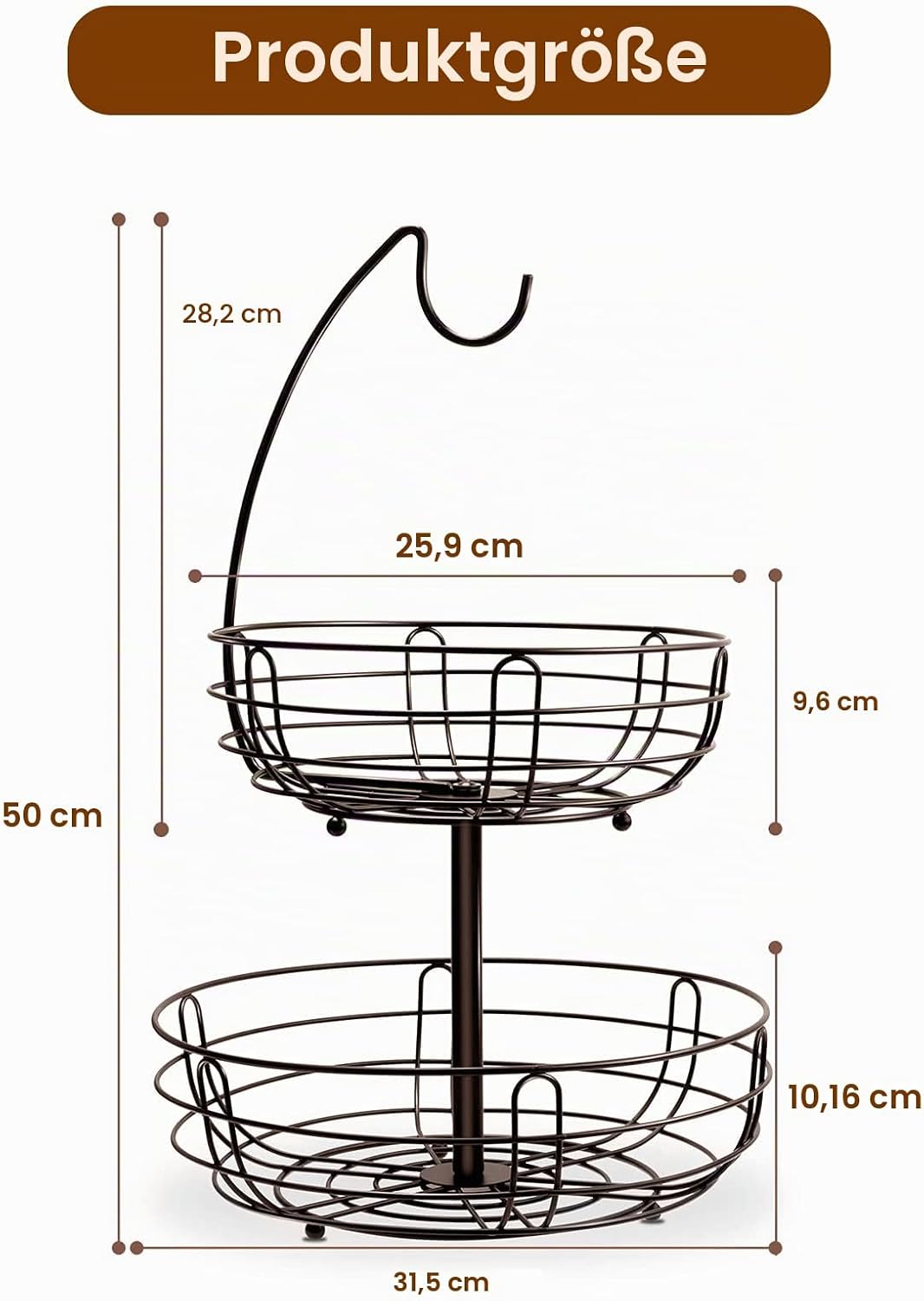 Bomclap Obst Etagere - 2 Etagen Obstkorb mit Bananenhalte - Abnehmbare Obstschale aus Metall - Küche