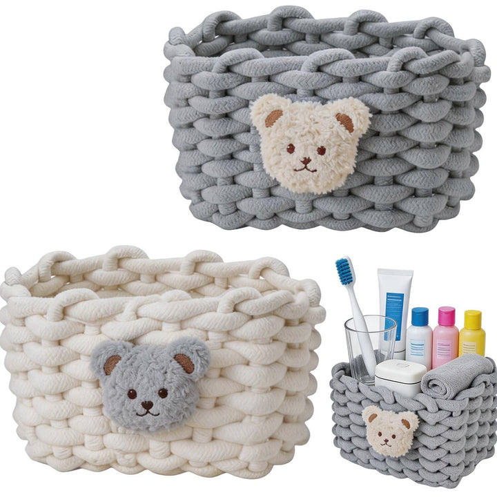 2 Stück Aufbewahrungskorb Geflochten mit Bärenmotiv Baumwolle Strickkorb, Häkelkorb, Klein Organizer