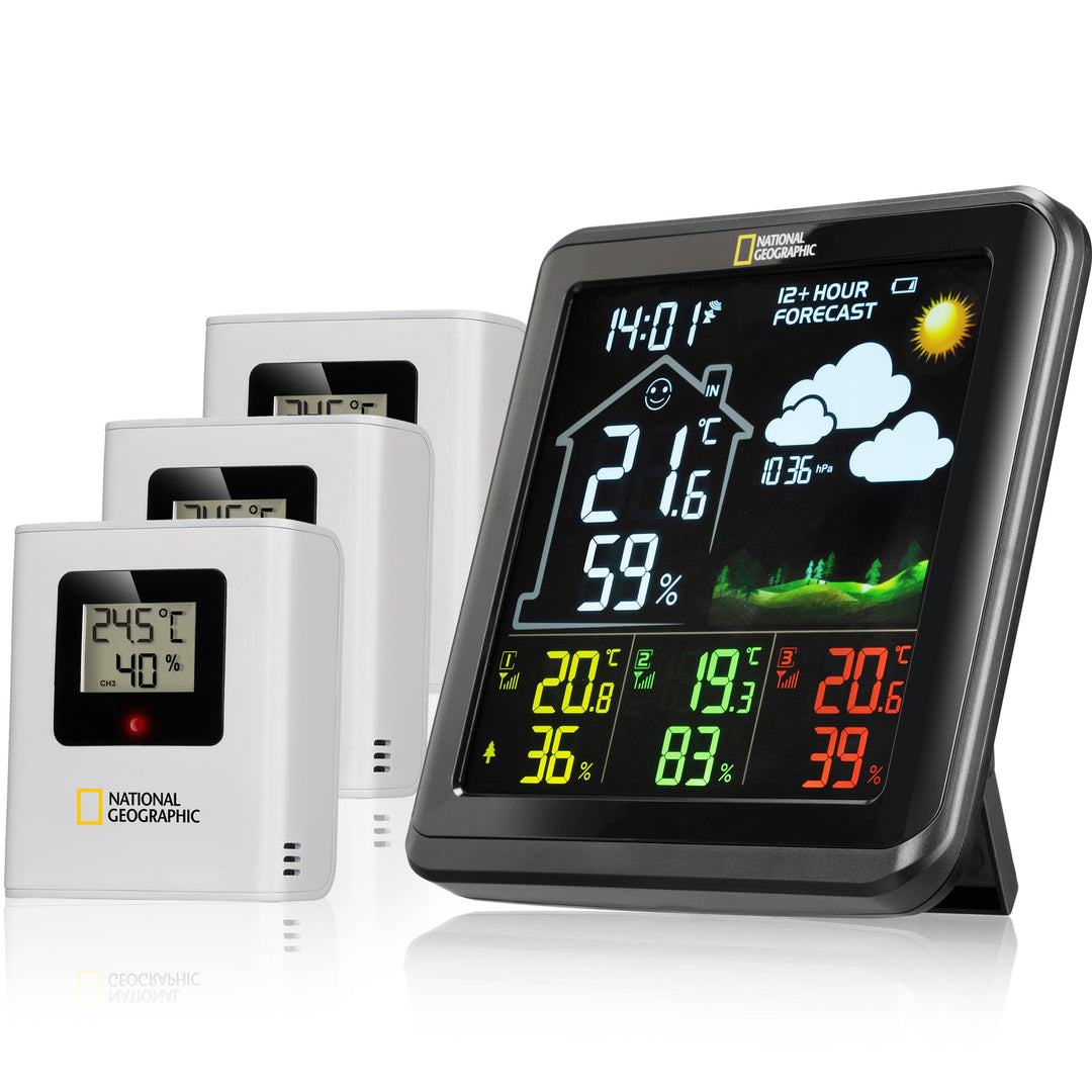 National Geographic 9070710 Wetterstation Funk mit Aussensensor VA Farb-Wetterstation mit 4 Messbere
