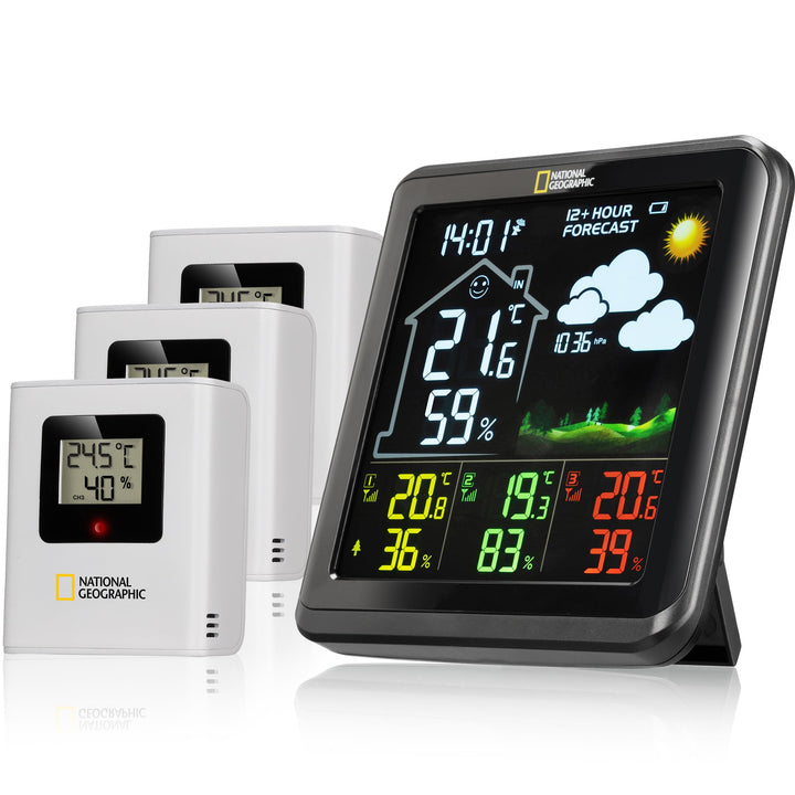 National Geographic 9070710 Wetterstation Funk mit Aussensensor VA Farb-Wetterstation mit 4 Messbere