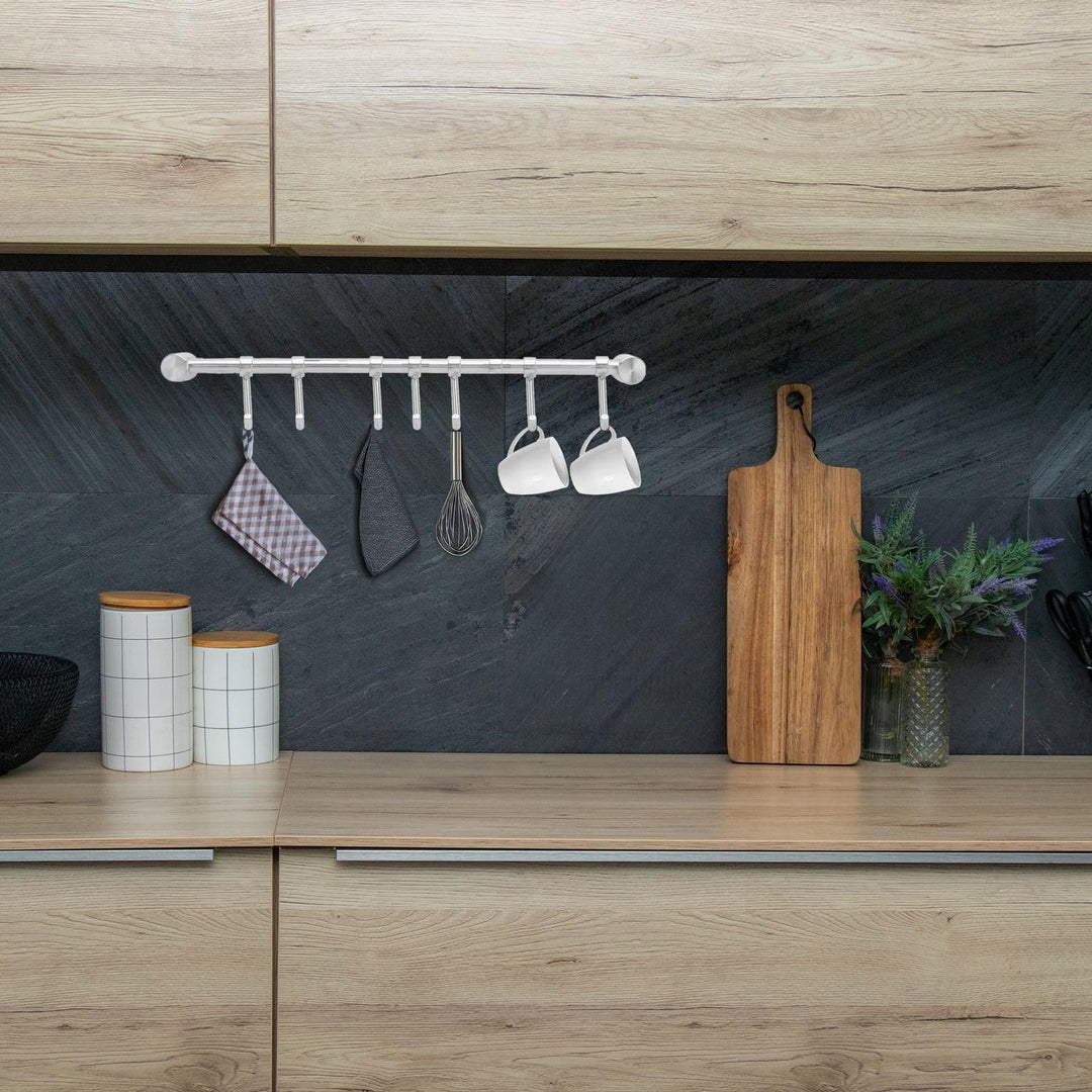 Hängeleiste für die Küche aus Edelstahl mit 7 beweglichen Haken zum Bohren - 39.6 x 3.4 x 2.2 cm - K