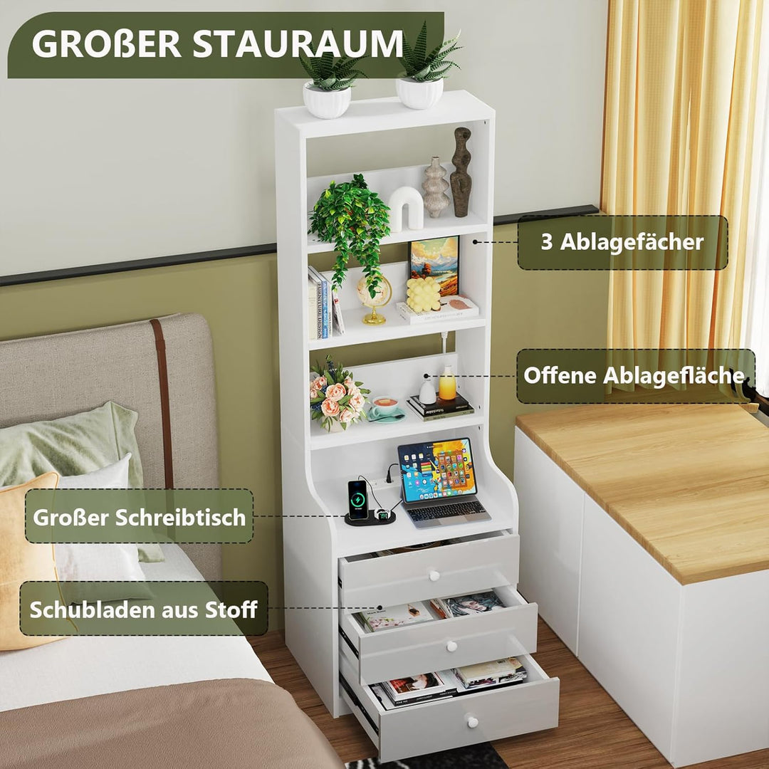 PIPIPOXER Nachttisch Mit Steckdose & USB, Weiss Hochglanz Mit 3 Schubladen, Modern für Wohn- und Sch