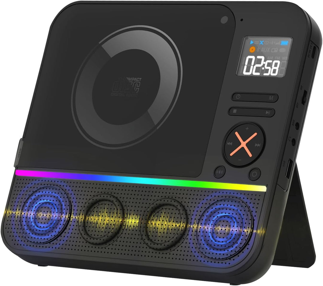 Tragbarer CD Player Bluetooth, Boombox Desktop CD-Player mit Bluetooth FM-Radio und RGB LED-Anzeige