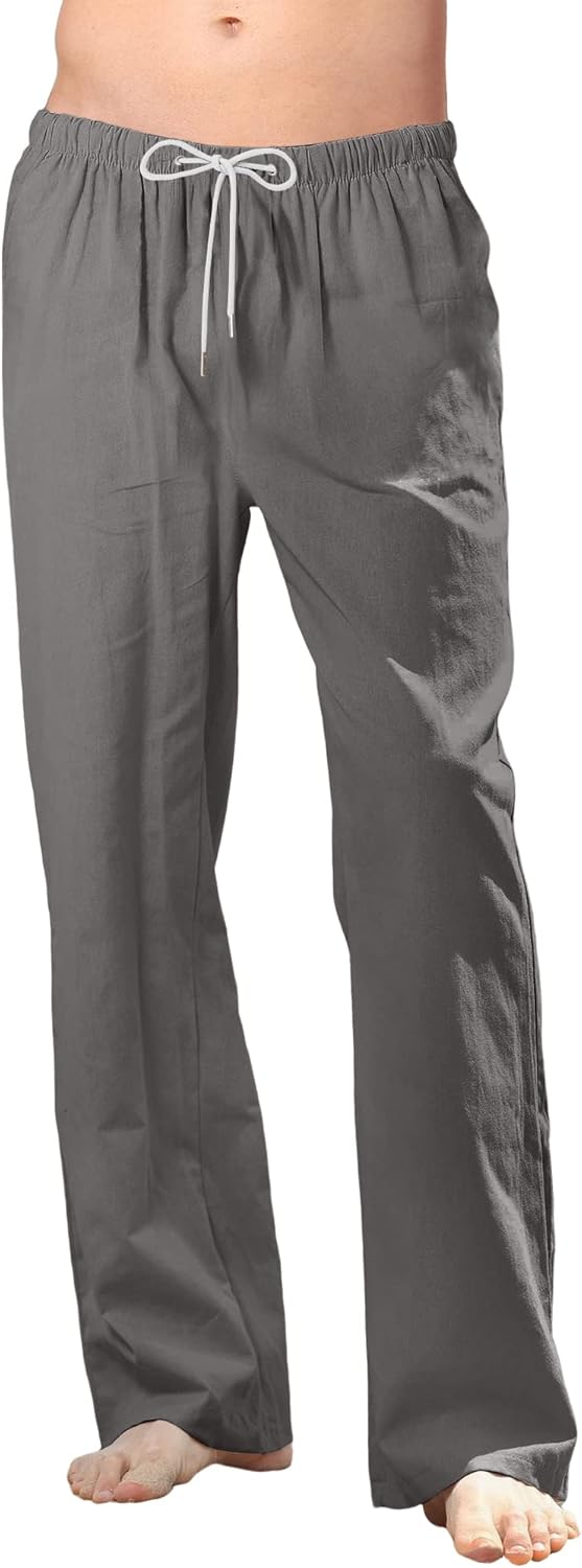CTU Herren-Leinenhose, lässig, leicht, elastisch, Sommer, Strand, lockere Hose, Grösse S-3XL S Grau,