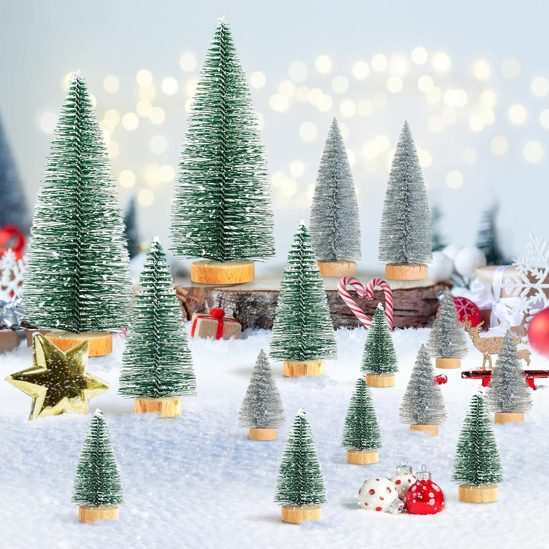 16 Stück Mini Tannenbaum Deko Klein Weihnachtsbaum Grün Silber, Künstlich Miniatur Weihnachtsbaum Ge