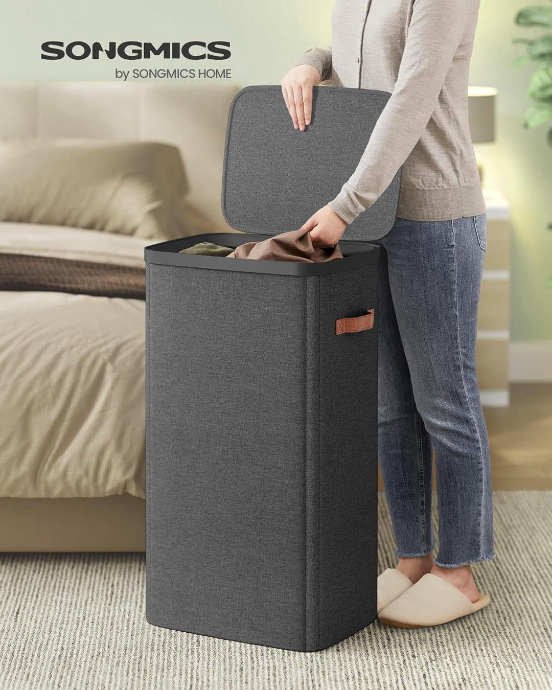 SONGMICS Wäschekorb, 100 L Wäschesammler, Wäschetonne, leichter Aufbau, mit Deckel und Griffen, hera