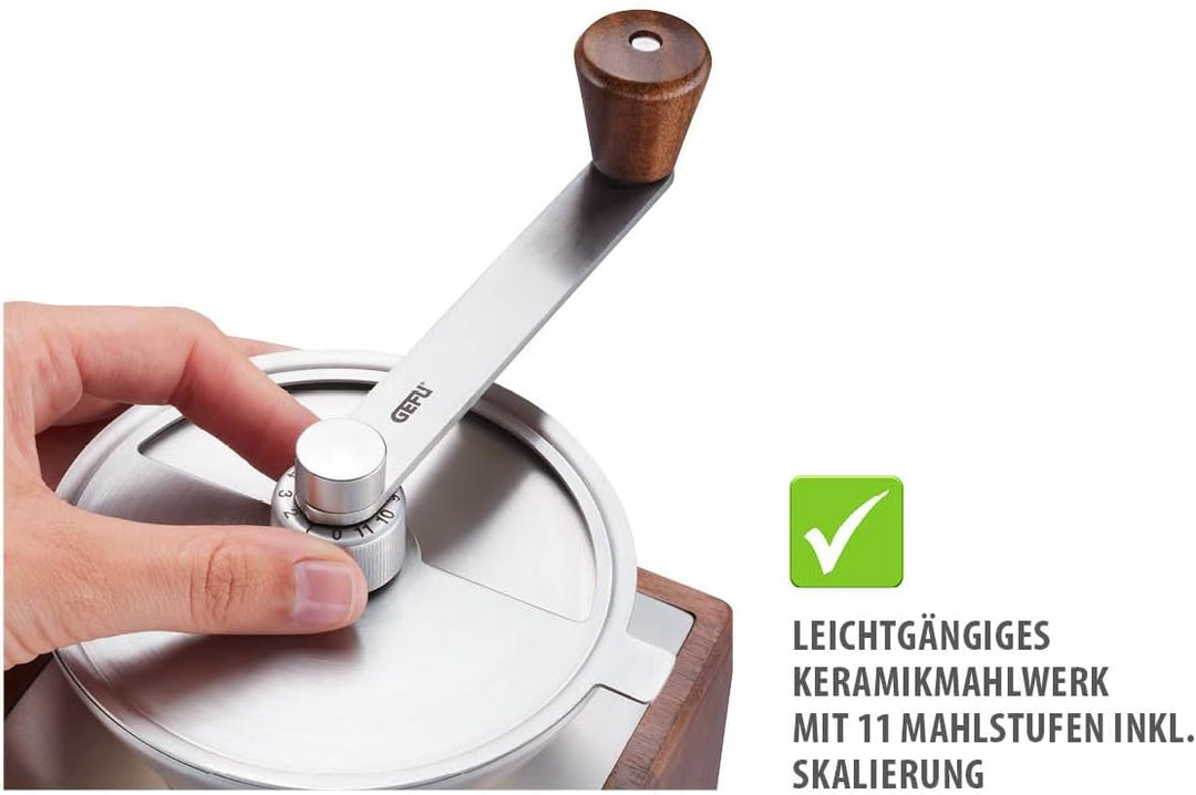 GEFU Kaffeemühle GIRO, 11-stufiges Keramikmahlwerk mit Skala, Bohnenbehälter 50 g, Schublade bis 7 T