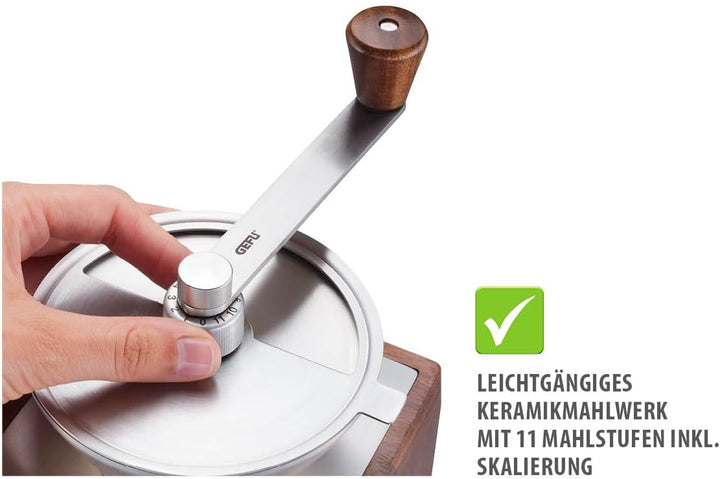 GEFU Kaffeemühle GIRO, 11-stufiges Keramikmahlwerk mit Skala, Bohnenbehälter 50 g, Schublade bis 7 T