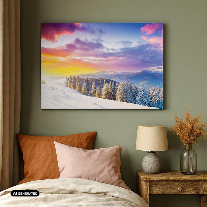 Bilder auf Leinwand 100x70cm Leinwandbild mit Rahmen Berge Schnee Winter Gross Wanddeko Bild Schlafz