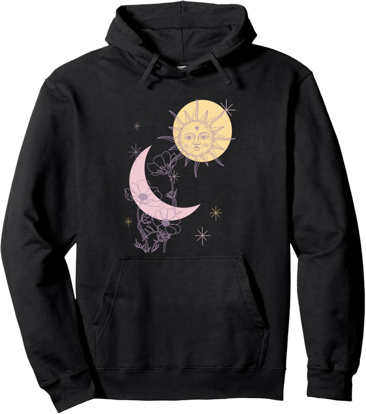 Trendy Moon Sun Flowers and Stars Line Drawn Pullover Hoodie