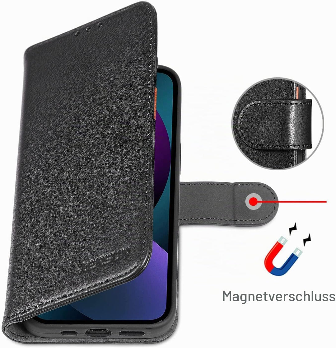LENSUN Echtleder Hülle für iPhone 13 5G, Handyhülle [Echtes Leder][Magnetverschluss][RFID Schutz] Ha
