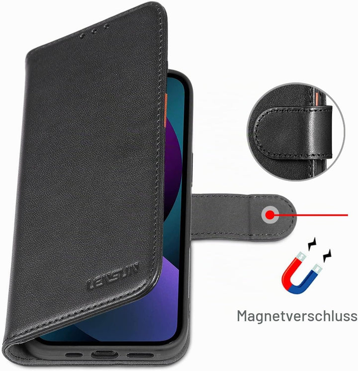 LENSUN Echtleder Hülle für iPhone 13 5G, Handyhülle [Echtes Leder][Magnetverschluss][RFID Schutz] Ha