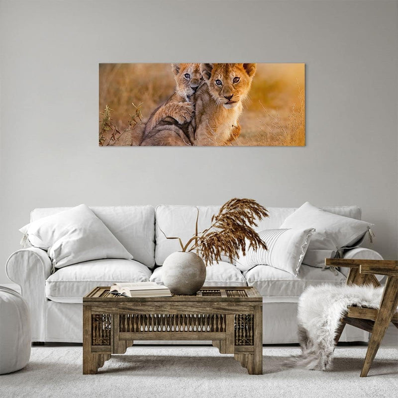 Panorama Bilder auf Leinwand 100x40cm Leinwandbild mit Rahmen Löwe Natur Tier Gross Wanddeko Bild Sc