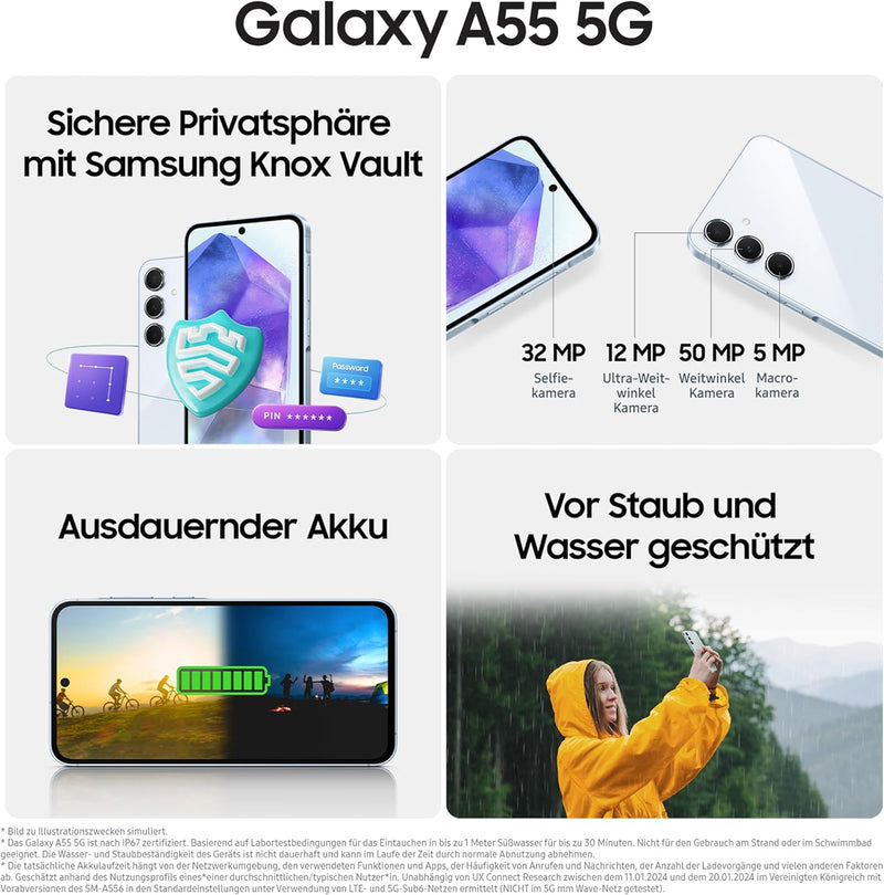 Samsung Galaxy A55 5G Smartphone, Android-Handy ohne Vertrag, 128 GB - 8 GB RAM, 2 Tage Akkulaufzeit