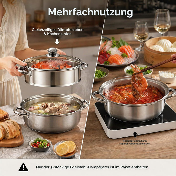 Dampfgarer zum Kochen, Edelstahl-Dampfgarer mit Dämpfeinsatz | 4-stöckiges 28cm Kochgeschirr mit Dec
