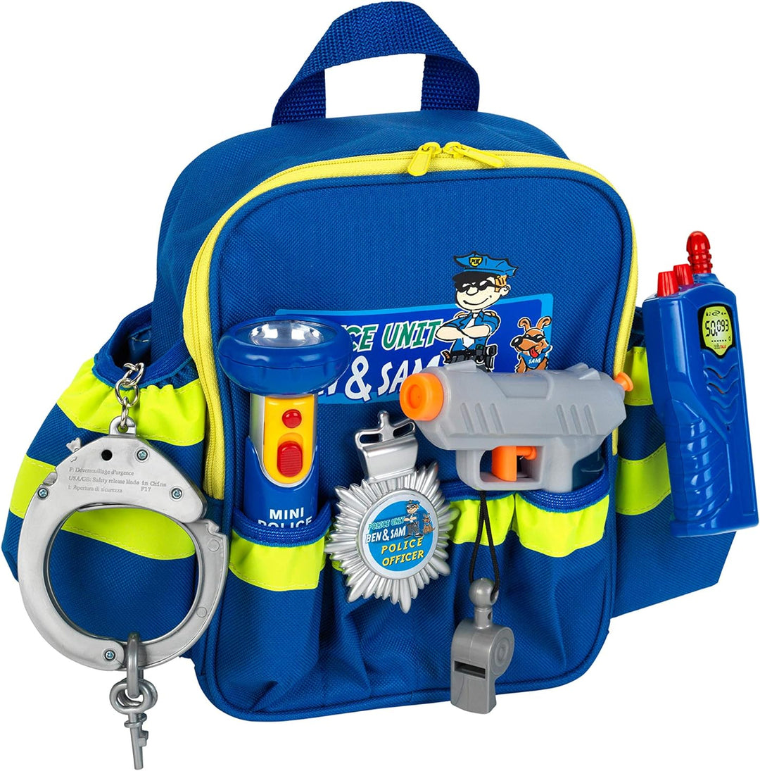 Theo Klein 8802 Polizei-Rucksack mit Zubehör | Mit batteriebetriebener Taschenlampe, Handschellen un