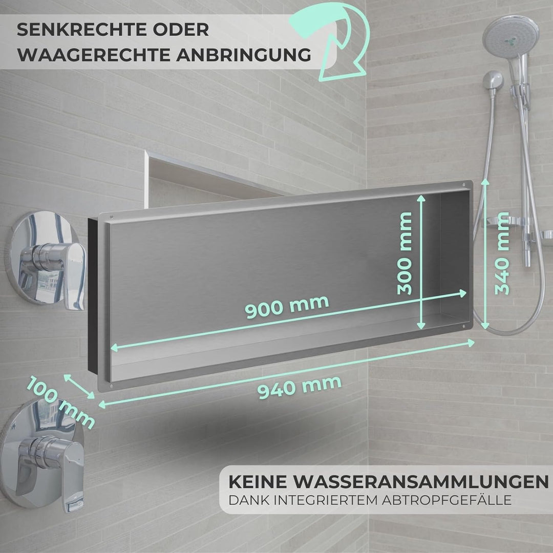 HAGO24 DIY Duschnische 90x30cm I Wandnische Dusche aus Edelstahl I einbaubare Duschablage in silber
