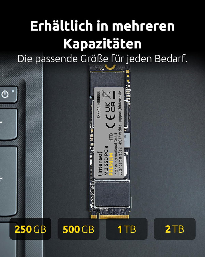 Intenso 250GB M.2 SSD PCIe Premium, bis zu 2100 MB/s, (PCI Express Gen.3x4 NVMe 1.3, Solid State Dri