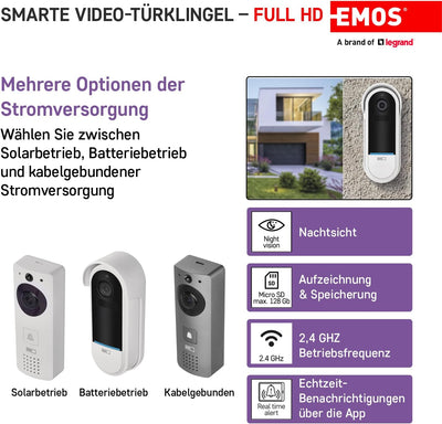 EMOS GoSmart Video-Türklingel IP-15S DC mit WiFi und App, kabellose Smart Home Videoklingel mit 1080