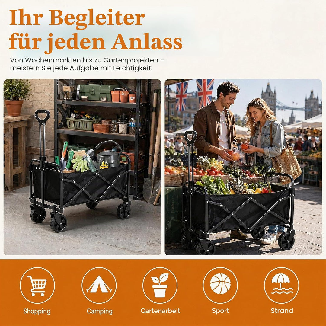 Klappbarer Bollerwagen 100L, Faltbarer Transportwagen bis 150kg/330lbs, Strandwagen mit Verstellbare