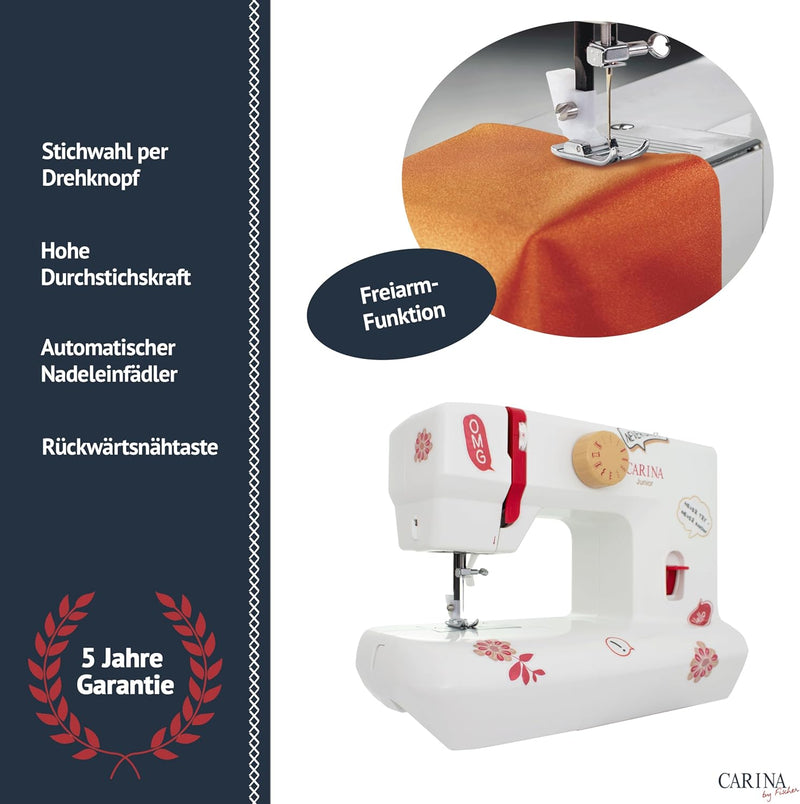 Carina Junior - Mechanische Nähmaschine für Näh-Einsteiger & Anfänger mit Griff, 6 Stichprogrammen,