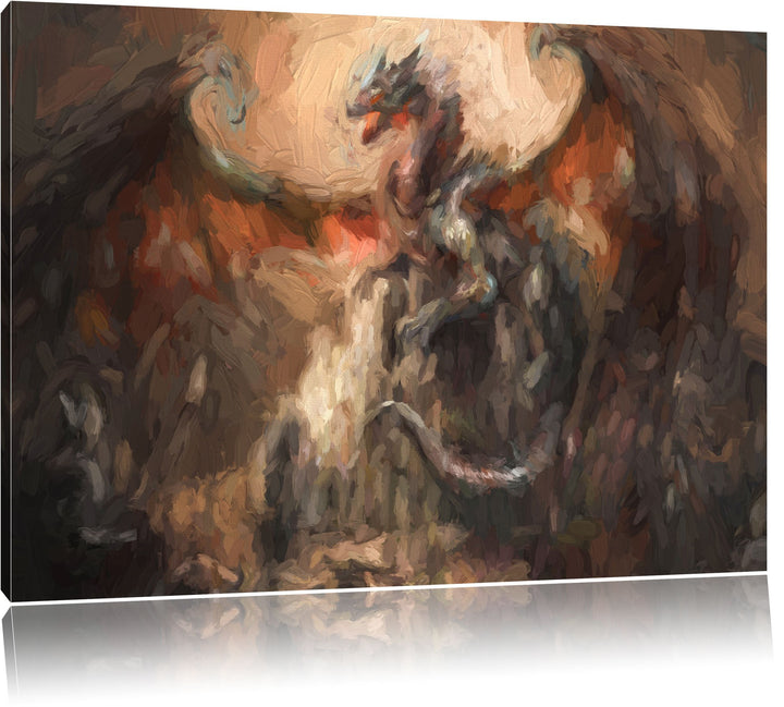 Pixxprint Drache schützend über Burg als Leinwandbild/Grösse: 100x70 cm/Wandbild/Kunstdruck/fertig b