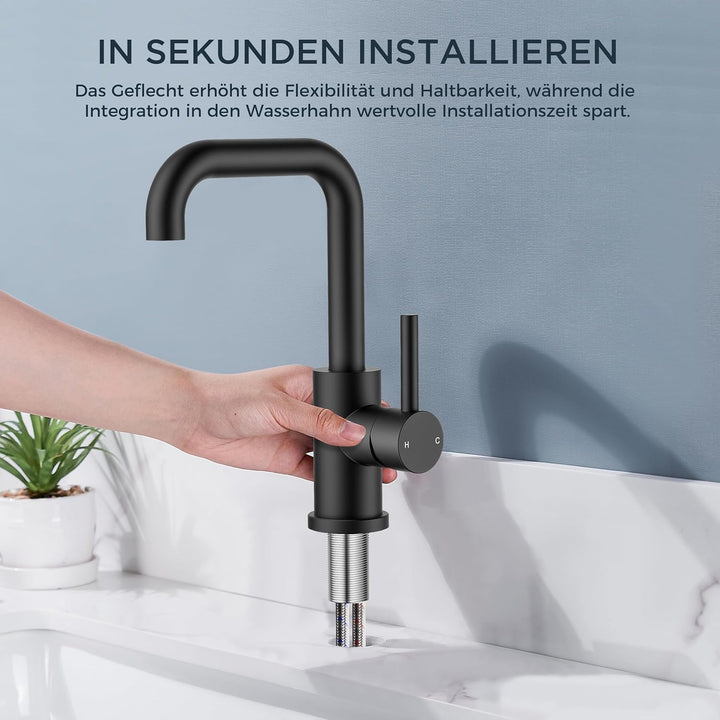 FORIOUS Wasserhahn Bad Schwarz 360° Drehbar, Waschtischarmatur Schwarz Hoch Warm/Kaltwasser Edelstah