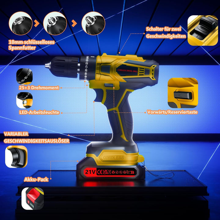 Akkuschrauber, 21V Akku Bohrschrauber Set mit Akku 1×2000mAh 45Nm Drehmoment Max 25+3 Drehmomentstuf