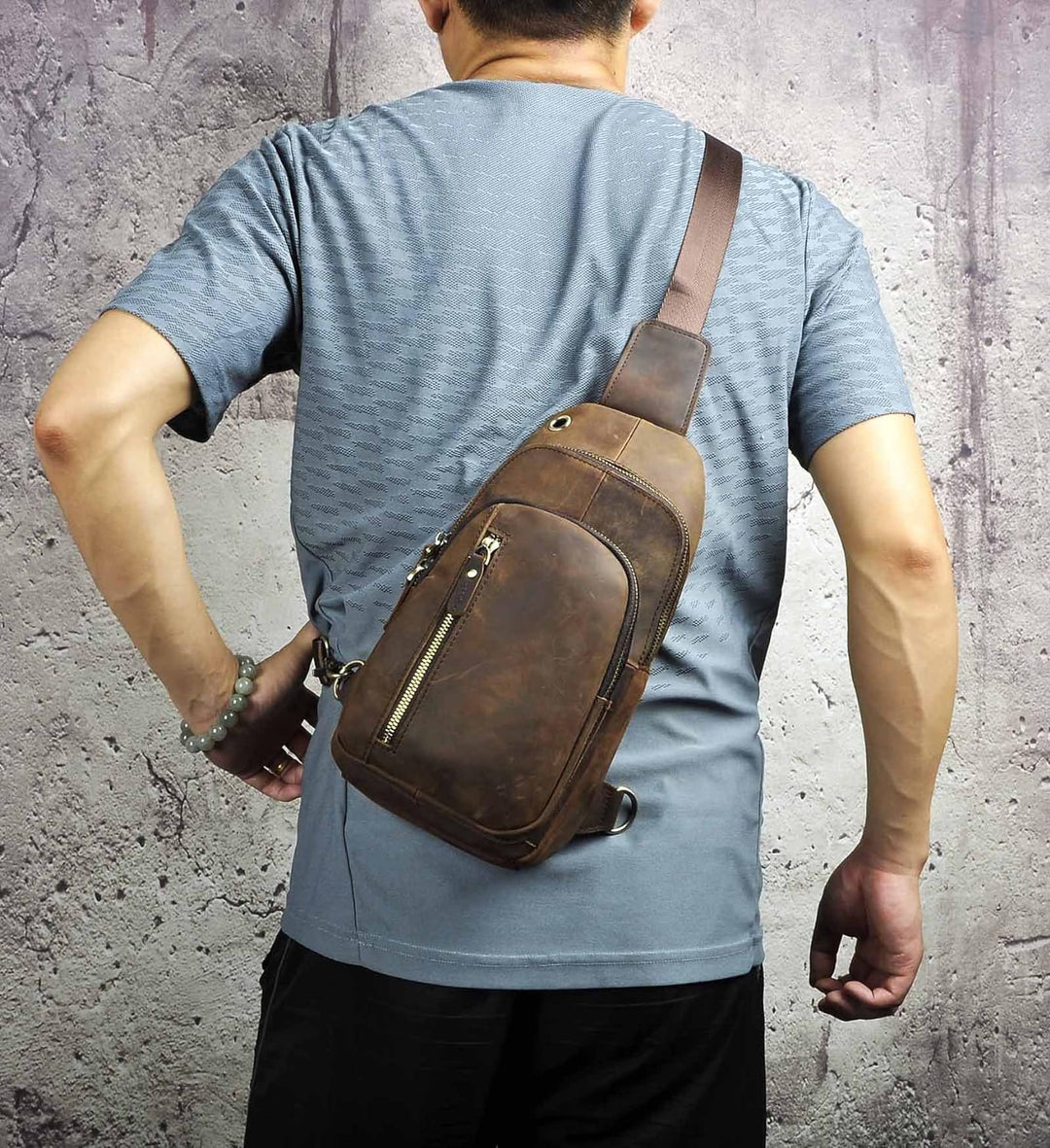 Le’aokuu Herren Echtes Leder Brusttasche Crossbody Bag Sling Bag Schultertasche Gurteltasche Umhänge