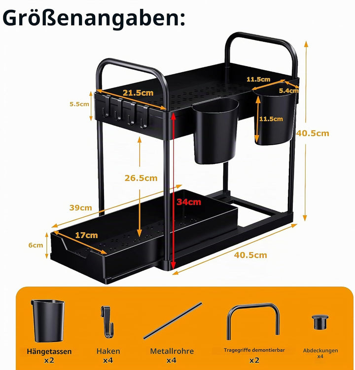 GEMWON Küchen Organizer,2 Etagen Unter Waschbecken Regal mit 4 Haken & 2 Tassen,Spülschrank Organize