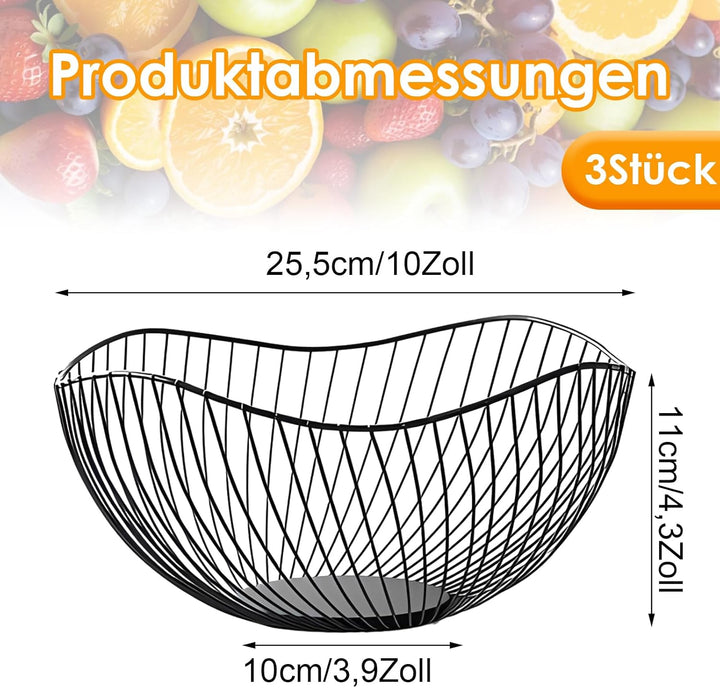 3 Stück Obstschale Modern, 25.5x11cm Obstschale Schwarz, Wellenform Obstkorb Metall, Rutschfest Brot