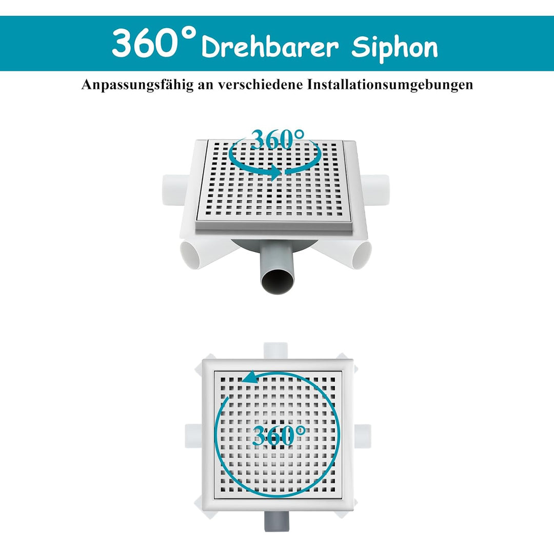 20x20cm Bodenablauf mit 360° Siphon, Duschablauf mit Edelstahlsieb & Schnellentwässerung für Dusche,