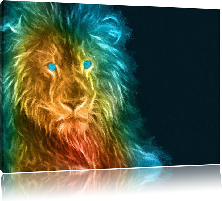 Pixxprint Dark - Löwe mit blauen Augen als Leinwandbild/Grösse: 100x70 cm/Wandbild/Kunstdruck/fertig