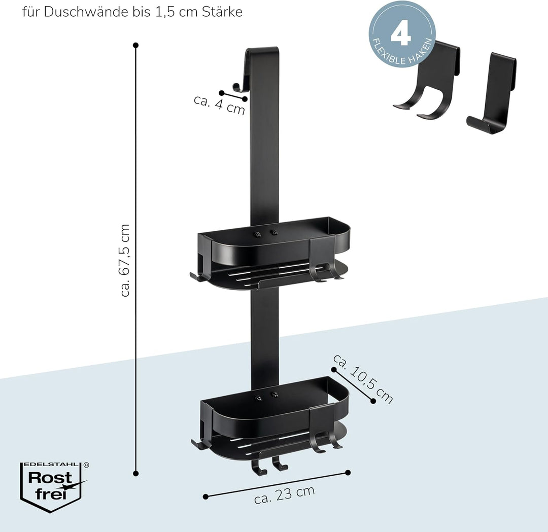 eluno Duschablage für die Glasduschwand, Duschkorb zum Einhängen mit 2 fest integrierten und 4 verse
