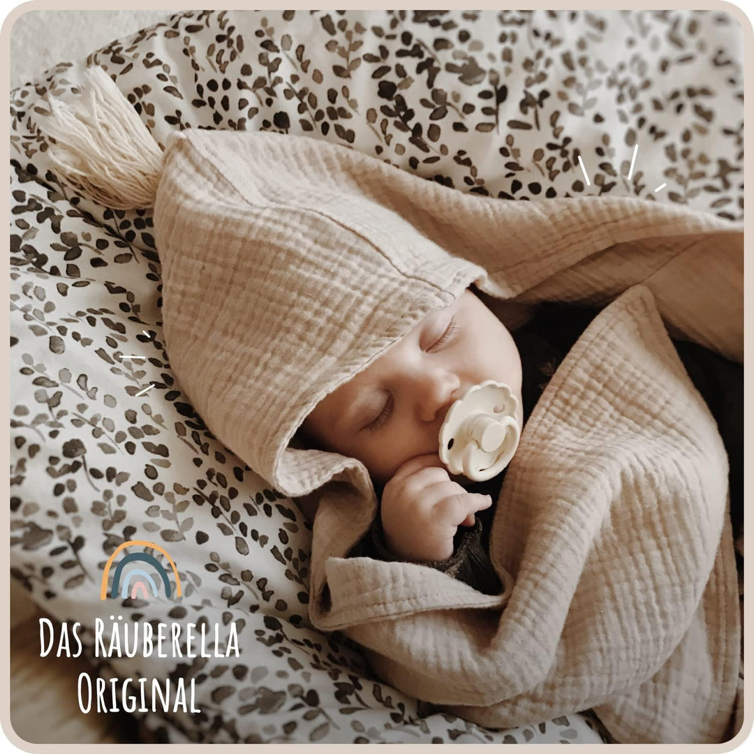 Räuberella® Kapuzenhandtuch-Baby in Beige I 75x100cm I Musselin-Badetuch-Baby aus 100% Bio-Baumwolle