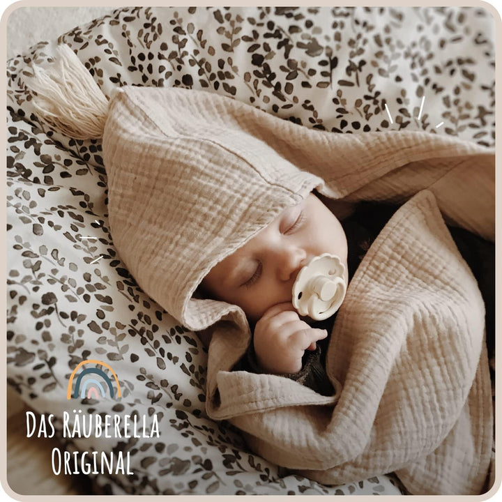 Räuberella® Kapuzenhandtuch-Baby in Beige I 75x100cm I Musselin-Badetuch-Baby aus 100% Bio-Baumwolle