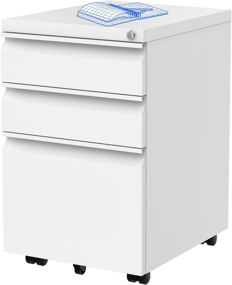 FLEXISPOT Rollcontainer, Metallschrank mit 3 Schubladen, Kommode weiss, Aktenschrank Büroschrank Sch