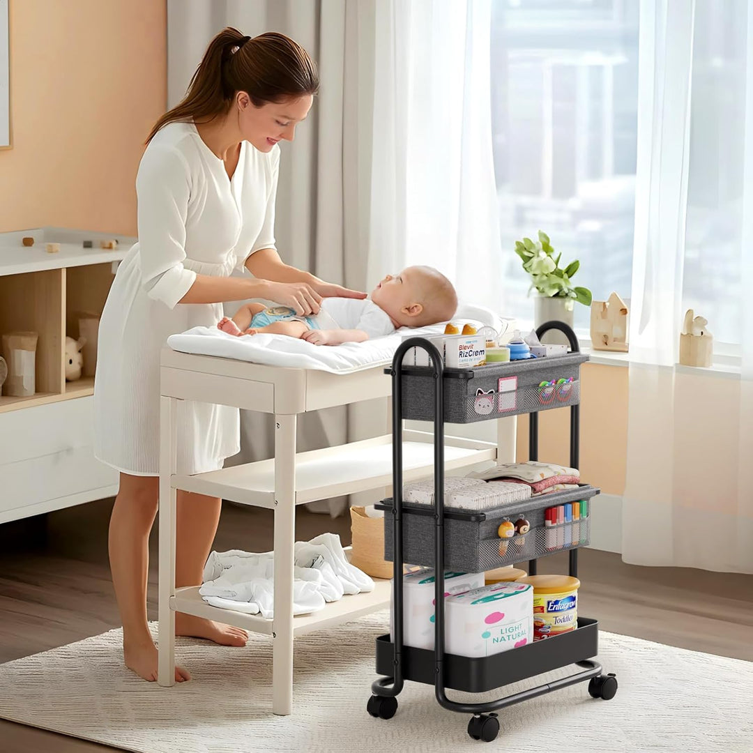 3 Etagen Beweglicher Windeltasche Organizer, Baby Windel Caddy Organizer, Wickeltisch Rollwagen mit