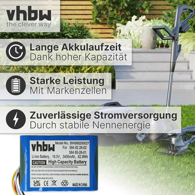 vhbw Li-Ion Akku 3400mAh (18.5V) kompatibel mit Husqvarna Automower 315X für Rasenroboter Rasenmäher